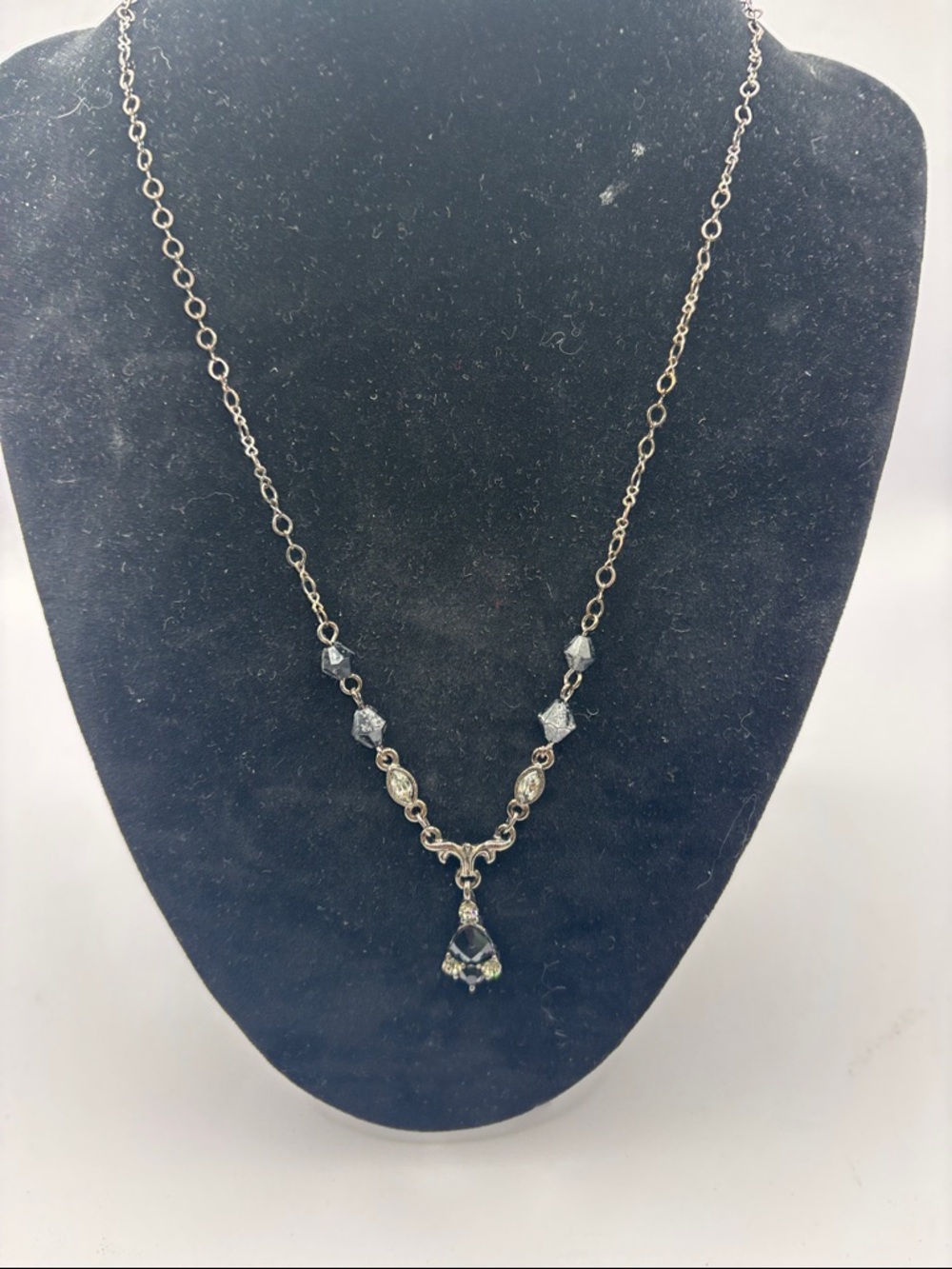 1928 Silver-Tone Necklace with Black Crystal Drop 17”